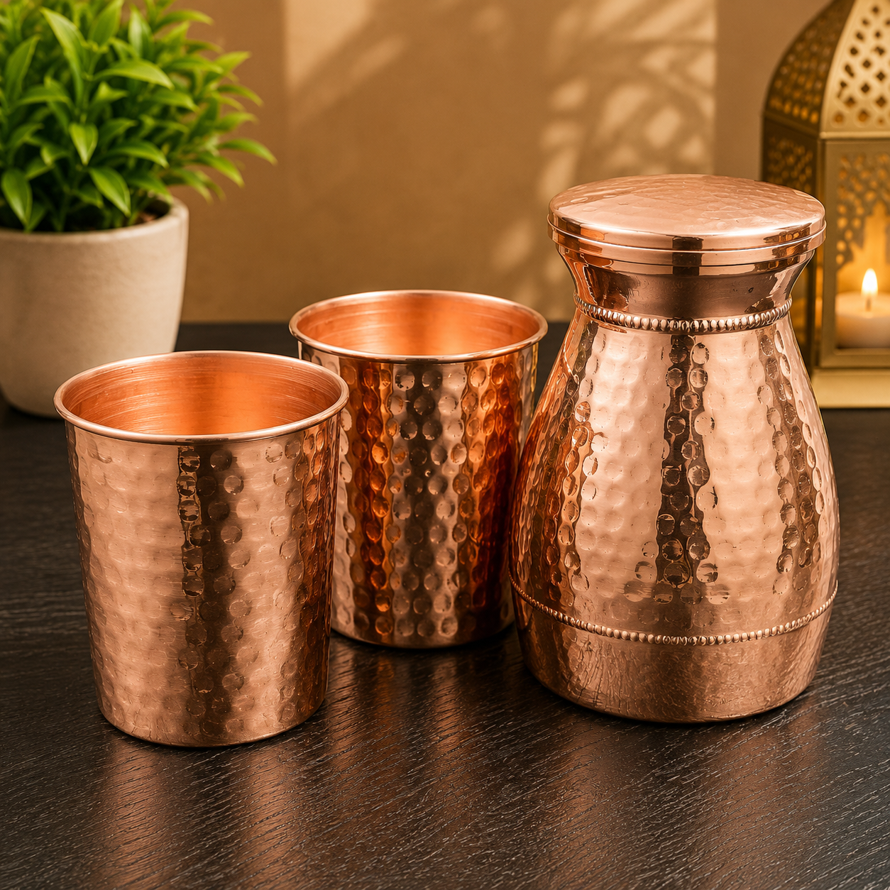 Handcrafted Copper Water Jar and 2 Glasses – Hammered Finish