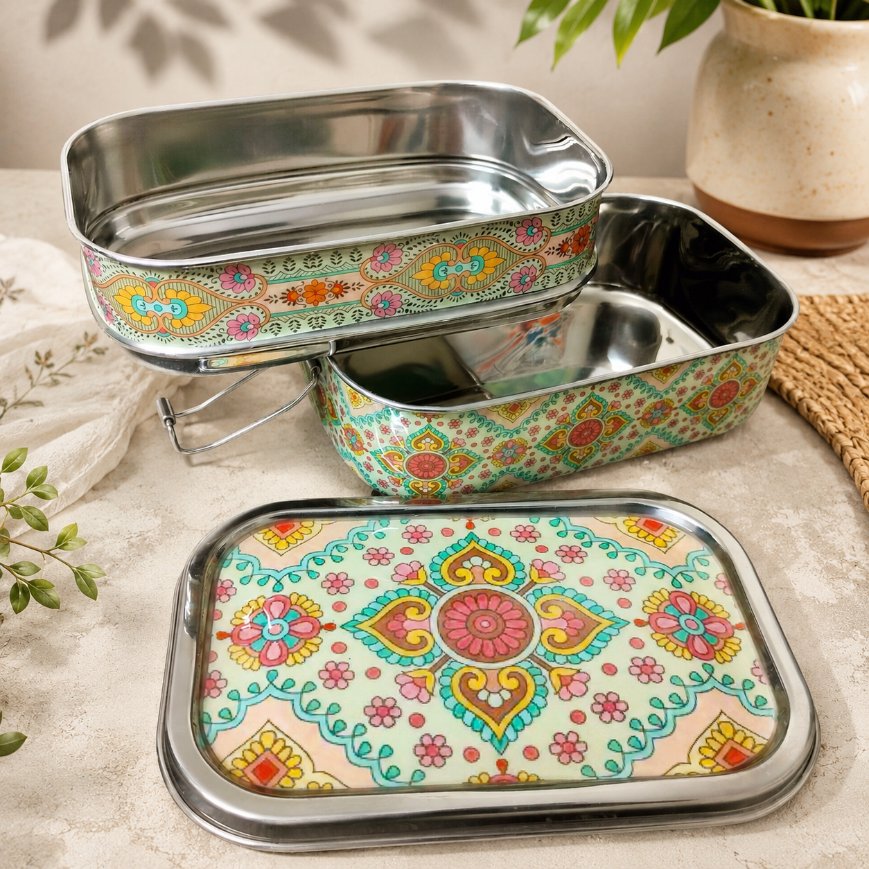 Eco-Friendly Ethnic Meenakari 2-Tier Steel Tiffin