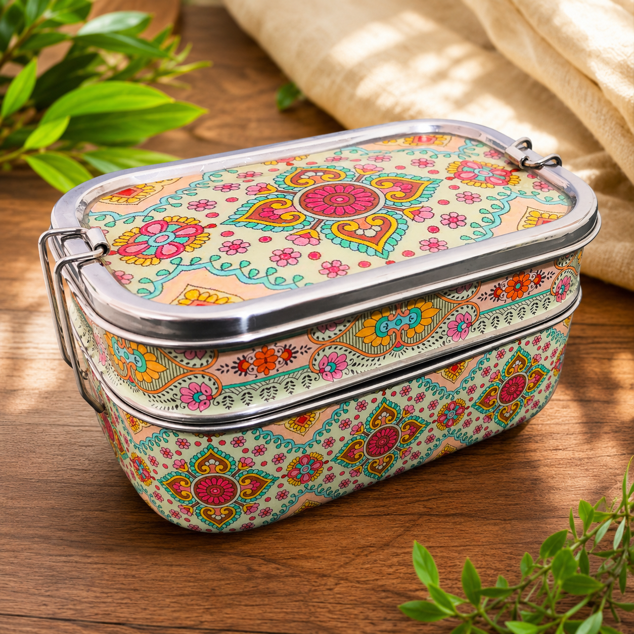 Eco-Friendly Ethnic Meenakari 2-Tier Steel Tiffin
