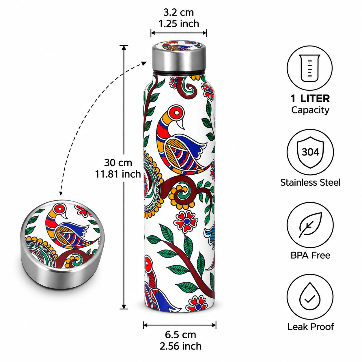 Traditional Design Handcrafted Eco-Friendly Meenakari Steel Bottle(1L)