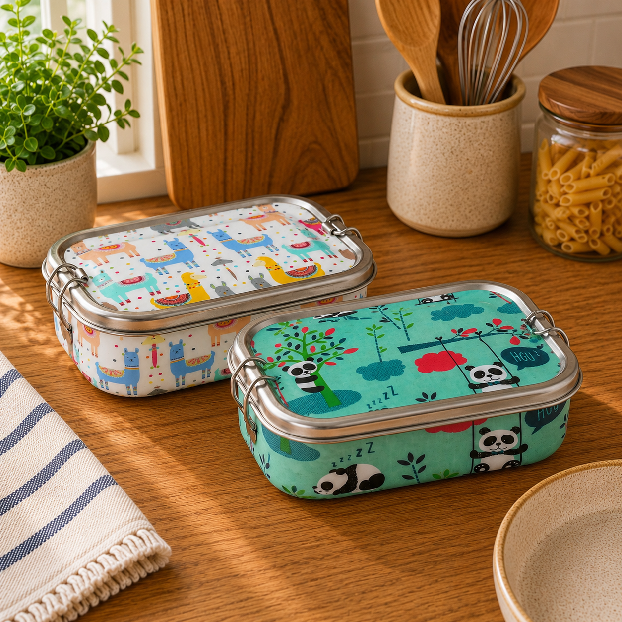 Meenakari Steel Tiffin Box – Stylish & Durable -Set Of 2 ( Panda +Llama) Combo