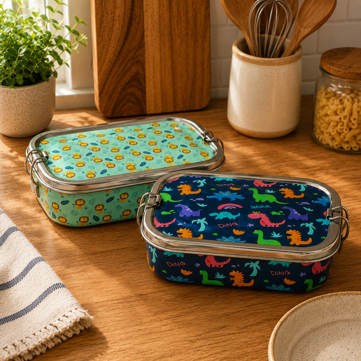 Meenakari Steel Tiffin Box – Stylish & Durable -Set Of 2 ( Panda +Llama) Combo