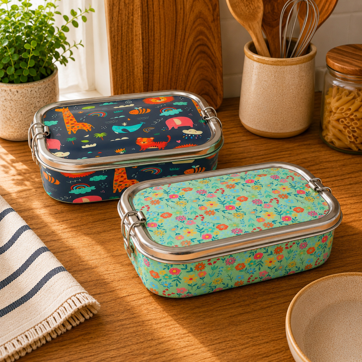 Meenakari Steel Tiffin Box – Stylish & Durable -Set Of 2 ( Panda +Llama) Combo