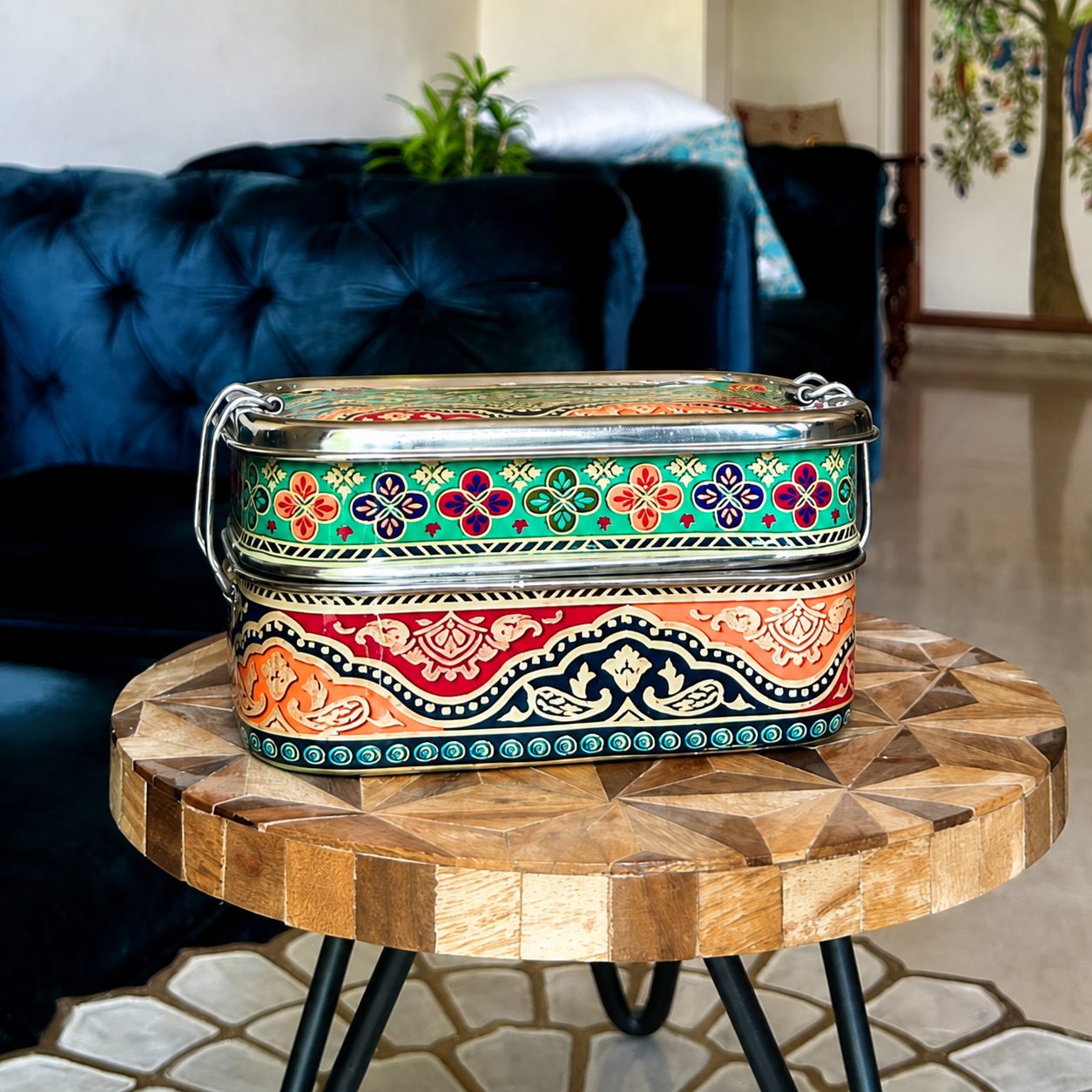 Eco-Friendly Ethnic Meenakari 2-Tier Steel Tiffin