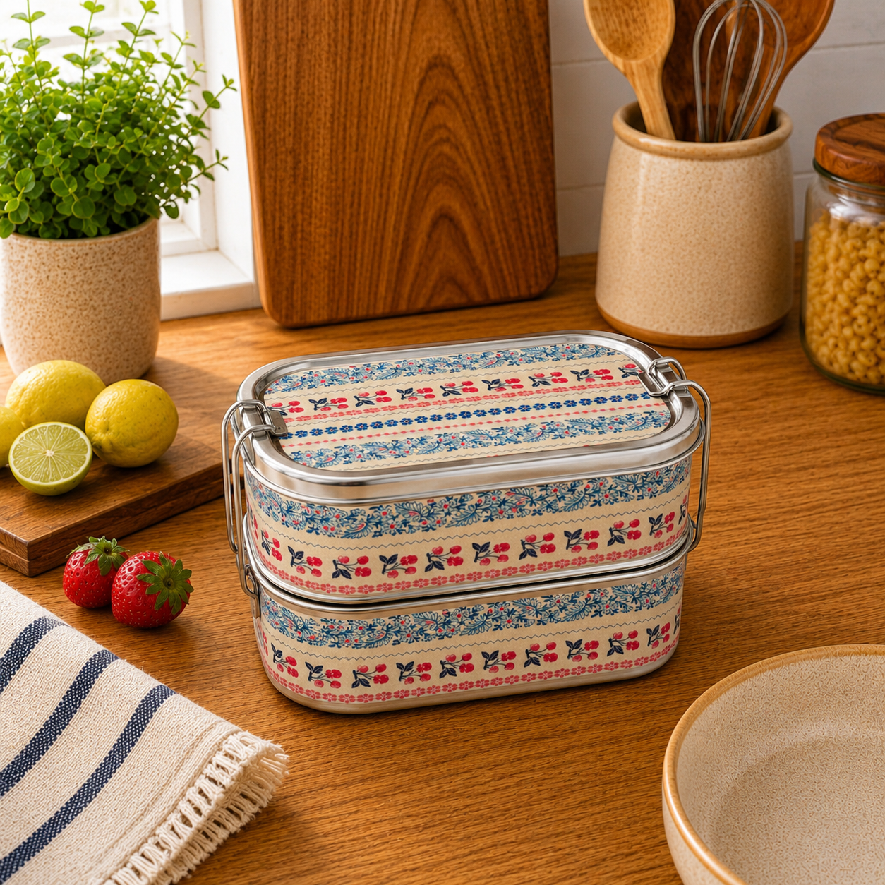 Eco-Friendly Ethnic Meenakari 2-Tier Steel Tiffin