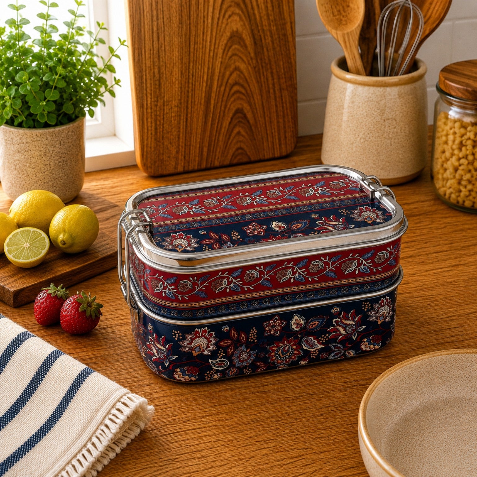 Eco-Friendly Ethnic Meenakari 2-Tier Steel Tiffin