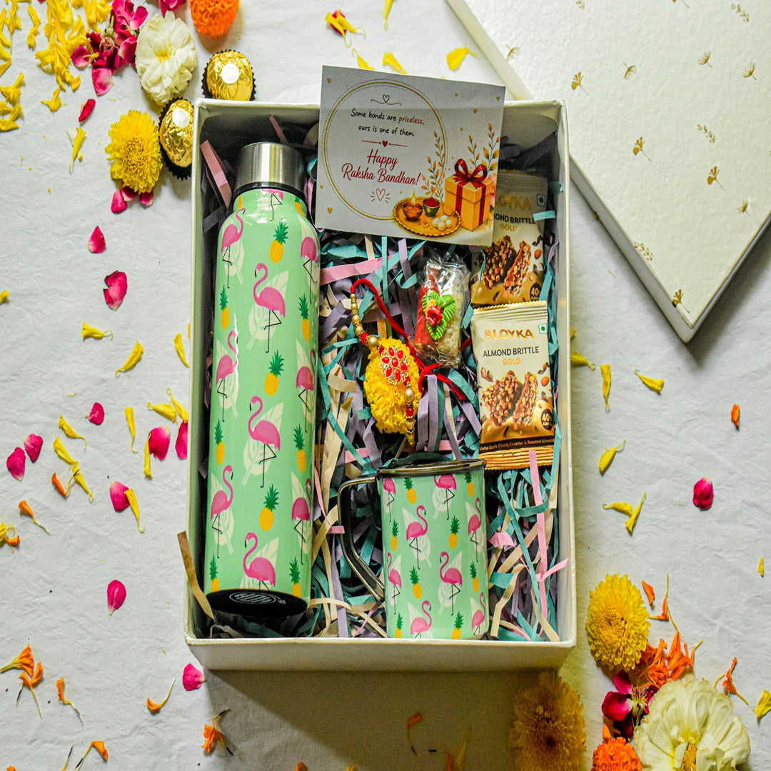Premium Rakhi Gift Box- Flamingo Bottle+ Flamingo Mug