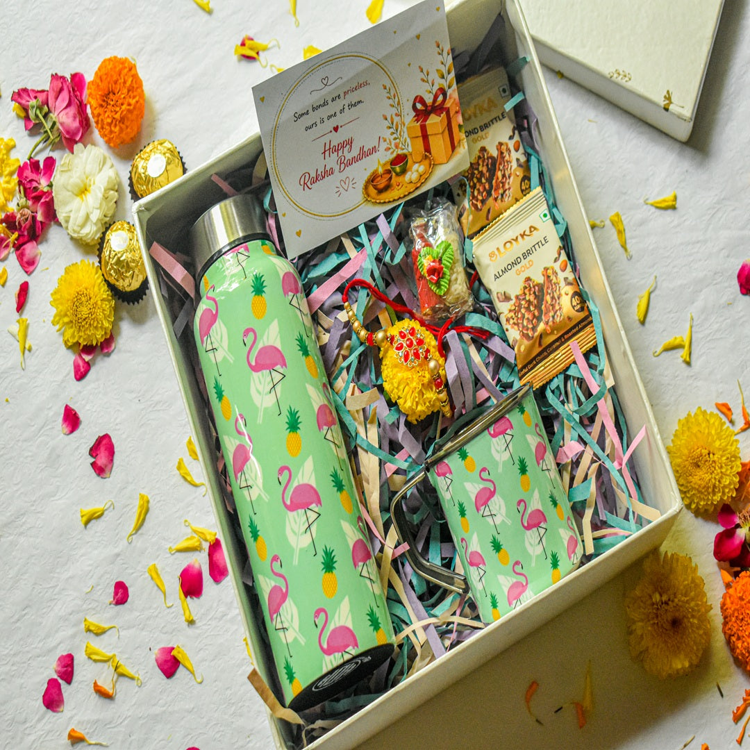 Premium Rakhi Gift Box- Flamingo Bottle+ Flamingo Mug