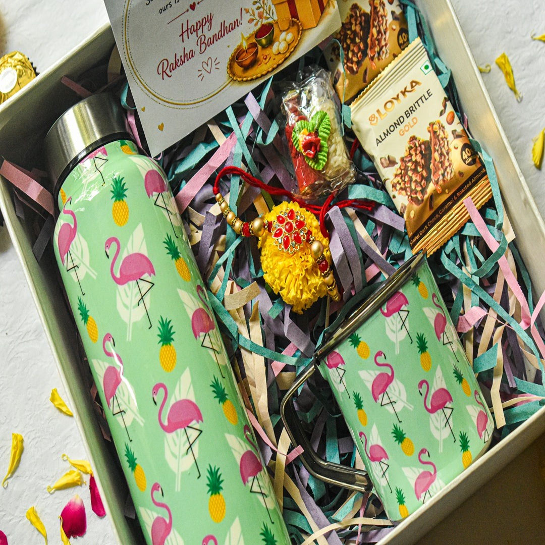 Premium Rakhi Gift Box- Flamingo Bottle+ Flamingo Mug