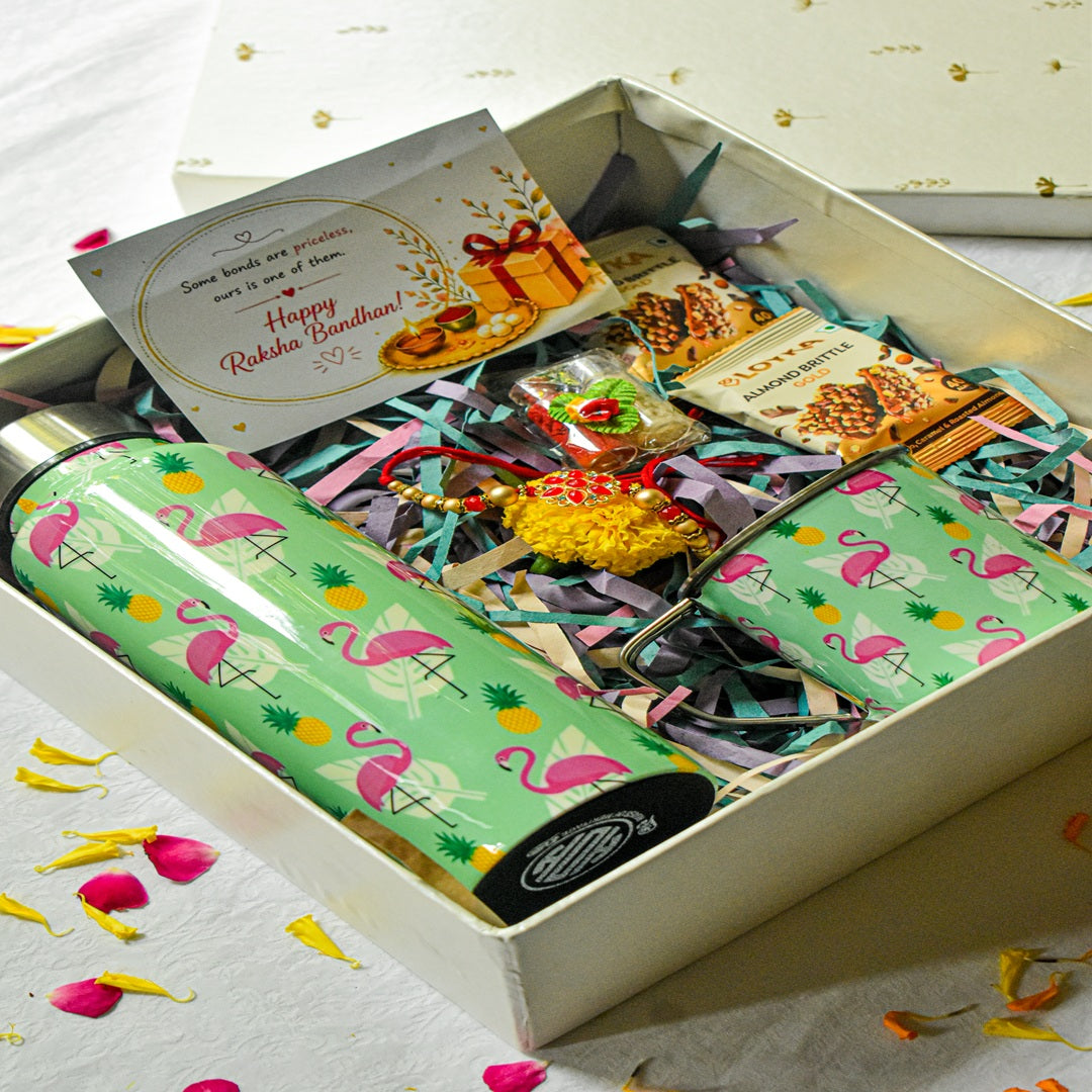 Premium Rakhi Gift Box- Flamingo Bottle+ Flamingo Mug