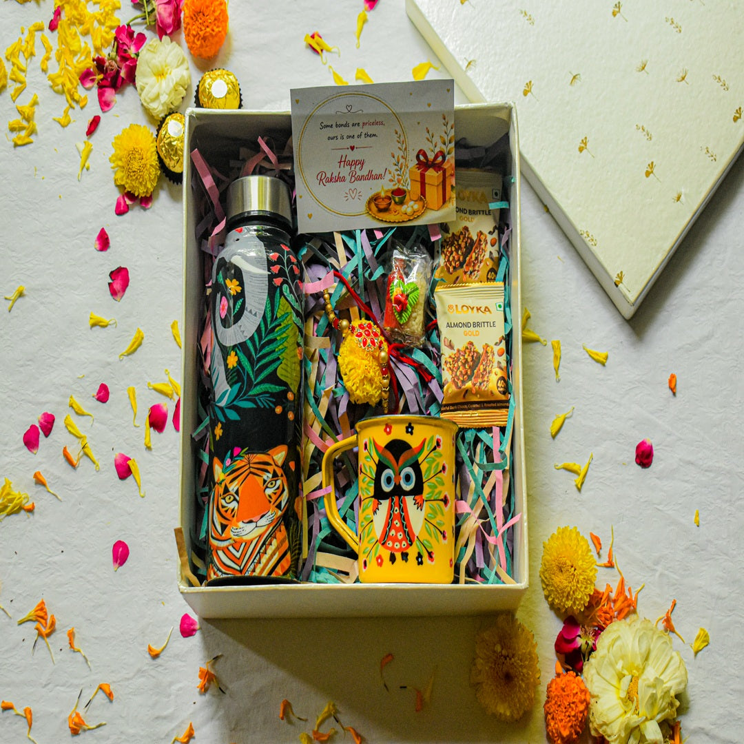 Premium Rakhi Gift Box- Jungle Bottle+ Owl Mug