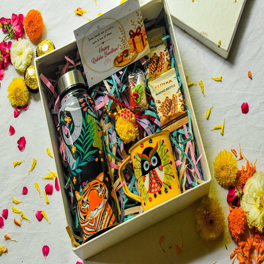 Premium Rakhi Gift Box- Jungle Bottle+ Owl Mug