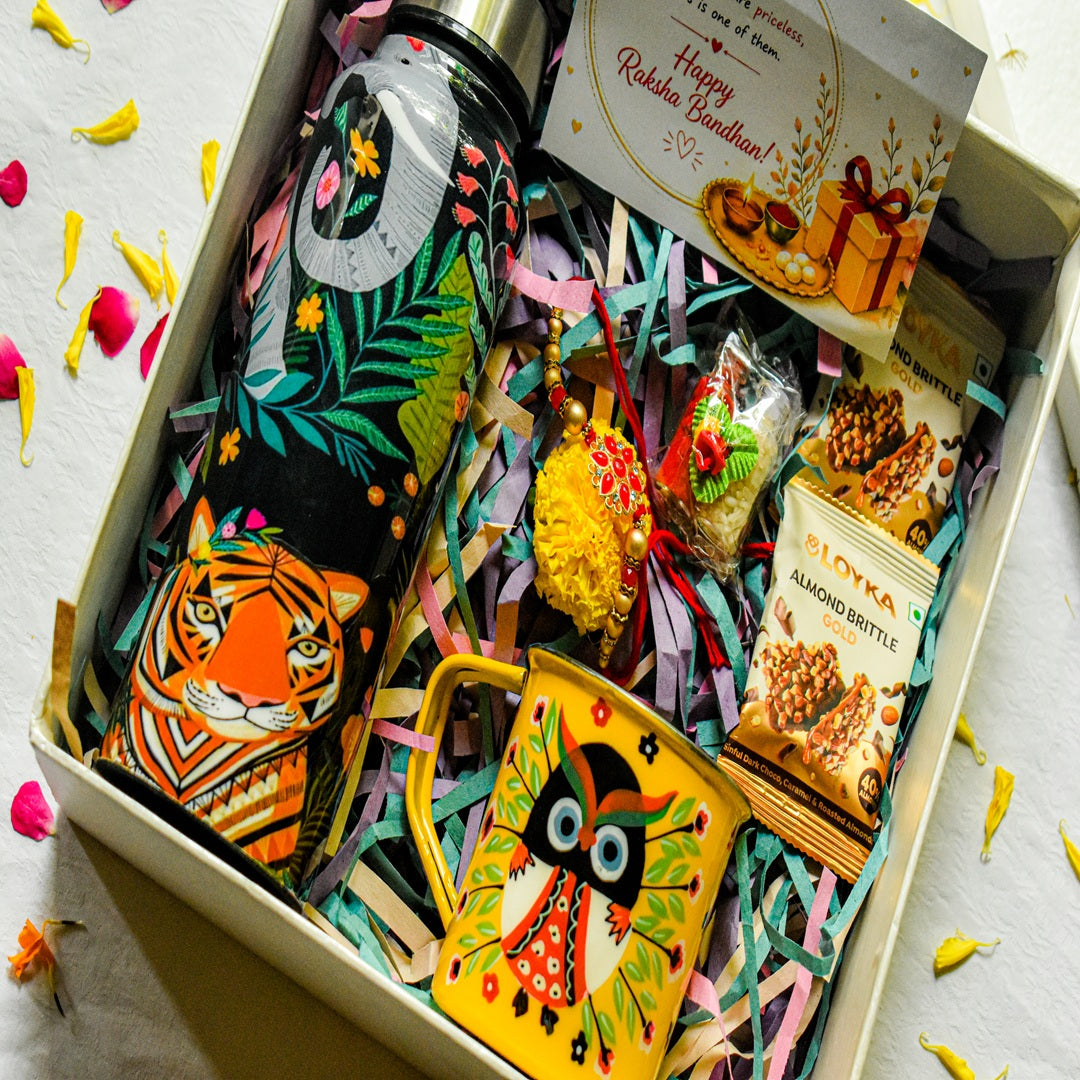 Premium Rakhi Gift Box- Jungle Bottle+ Owl Mug
