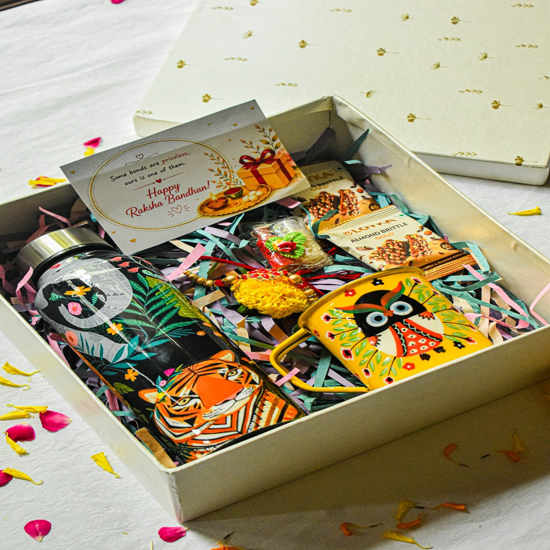 Premium Rakhi Gift Box- Jungle Bottle+ Owl Mug