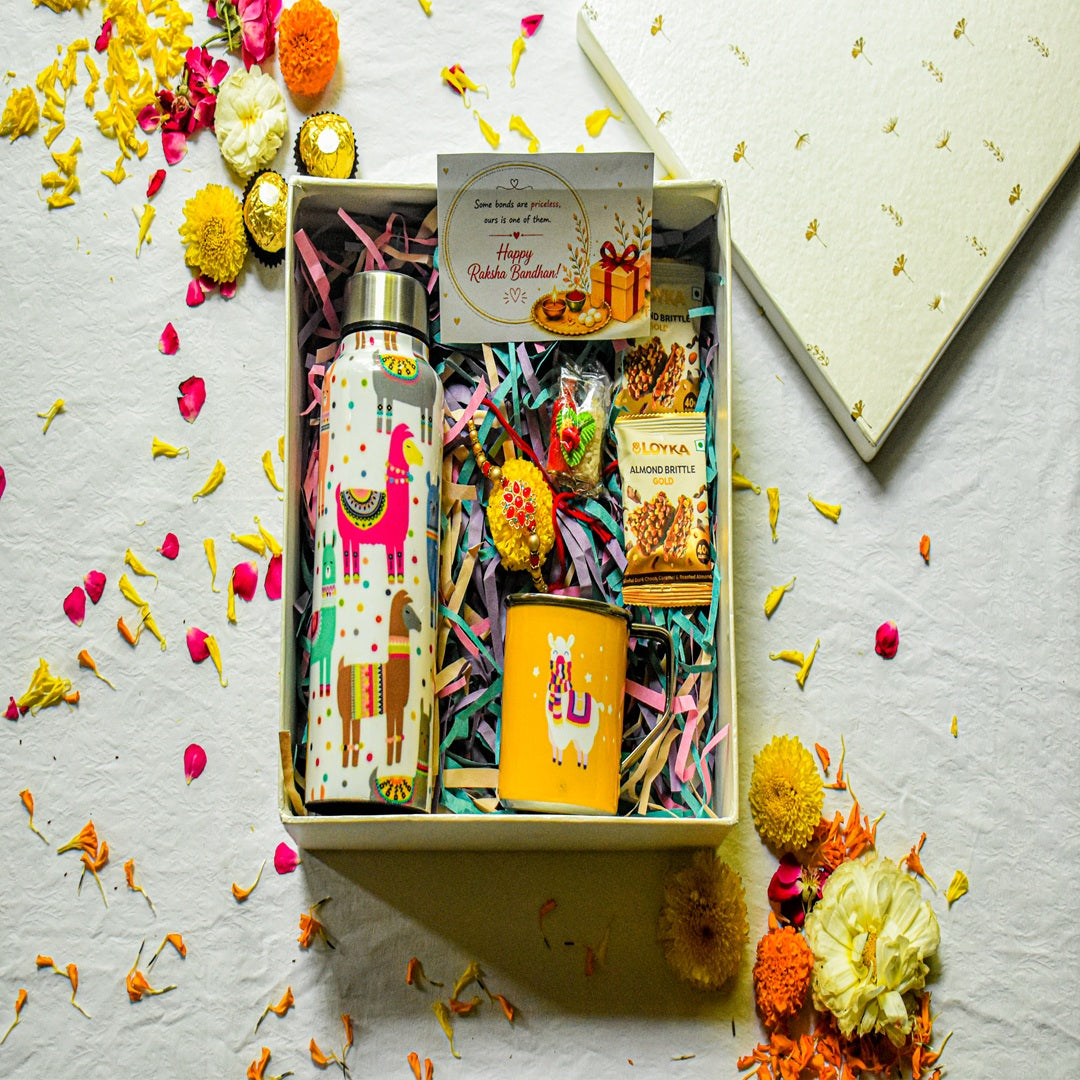 Premium Rakhi Gift Box- Llama Bottle+ Llama Mug