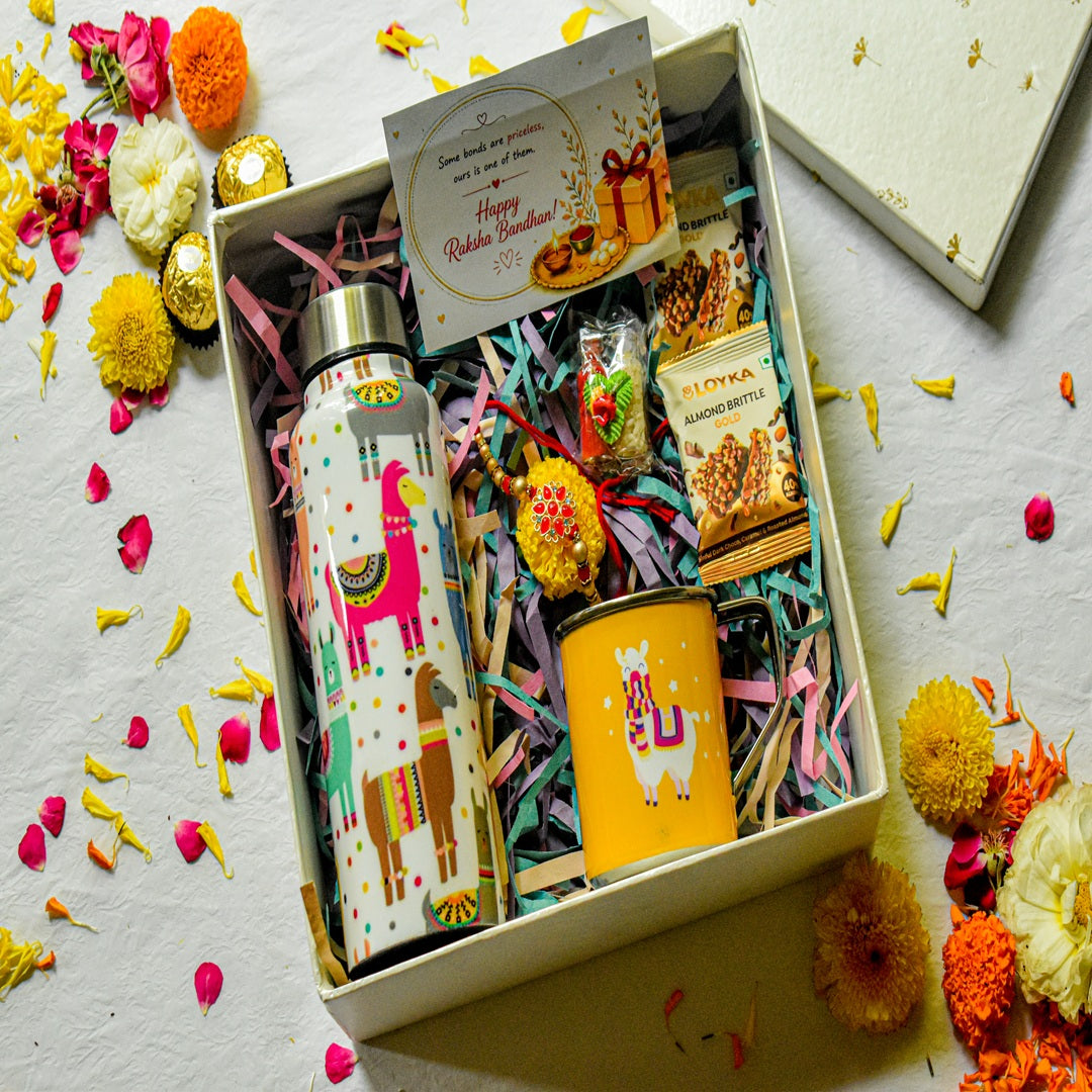 Premium Rakhi Gift Box- Llama Bottle+ Llama Mug