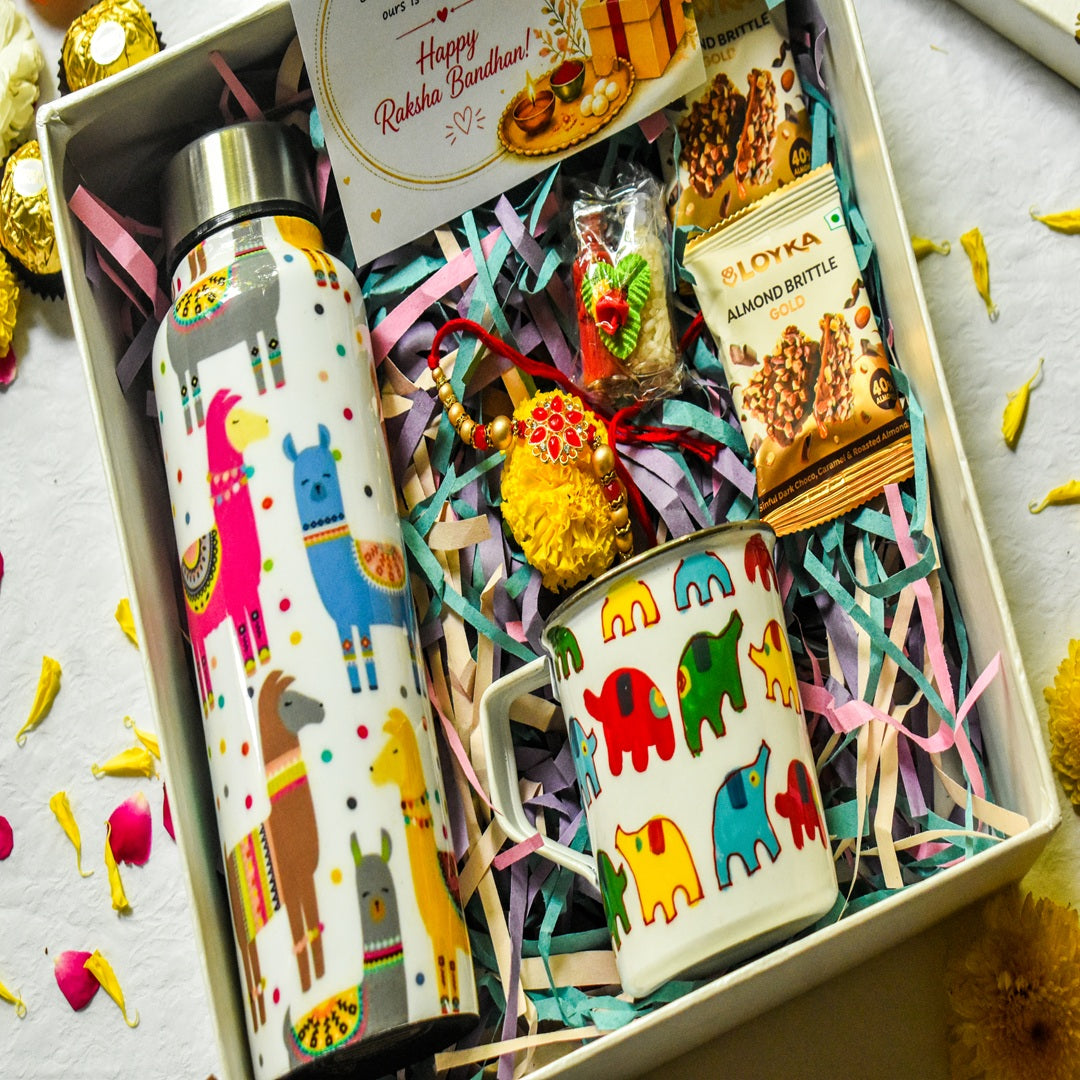Premium Rakhi Gift Box- Llama Bottle+ Elephant Mug