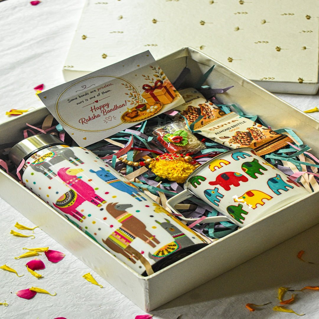 Premium Rakhi Gift Box- Llama Bottle+ Elephant Mug