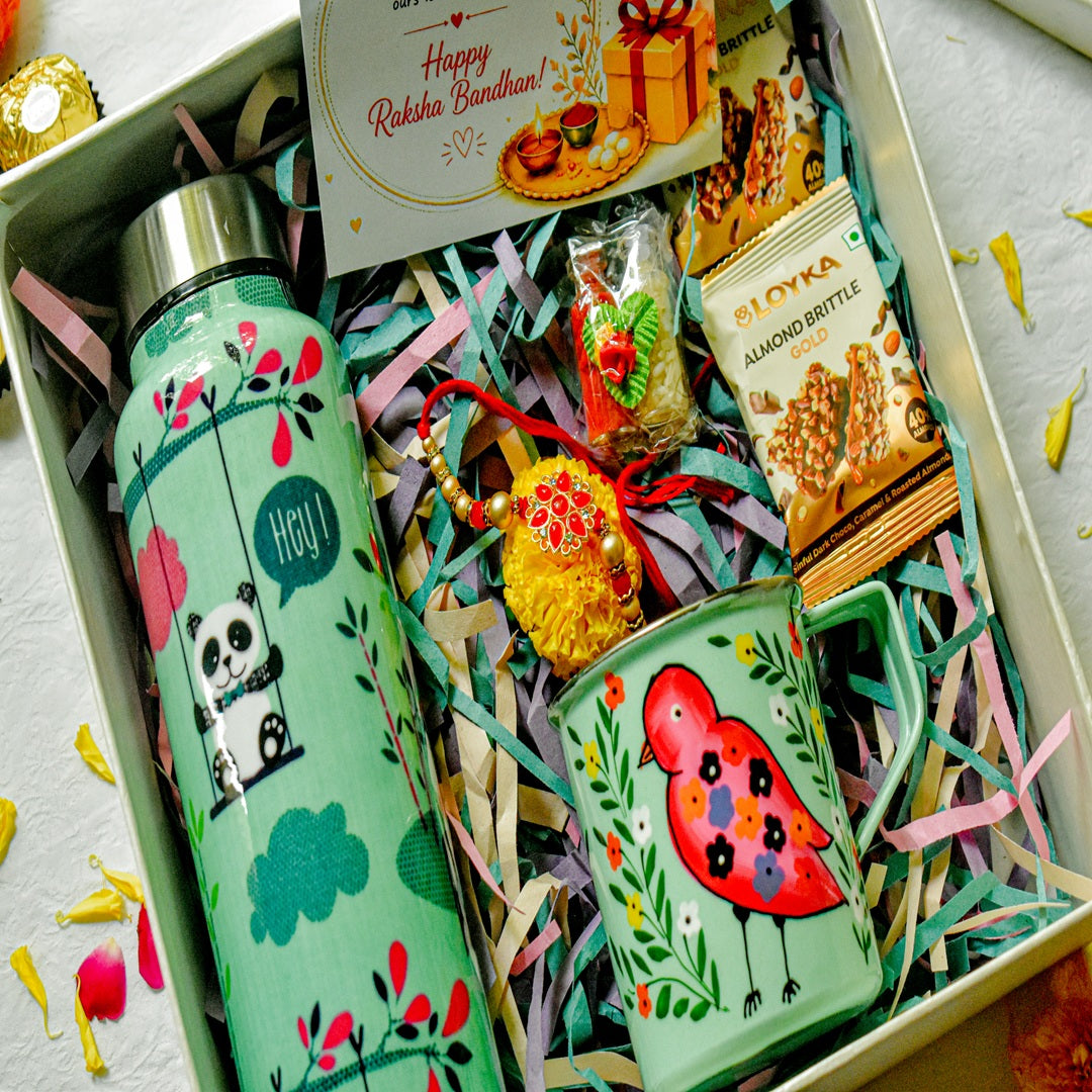 Premium Rakhi Gift Box- Panda Bottle+ Bird Mug