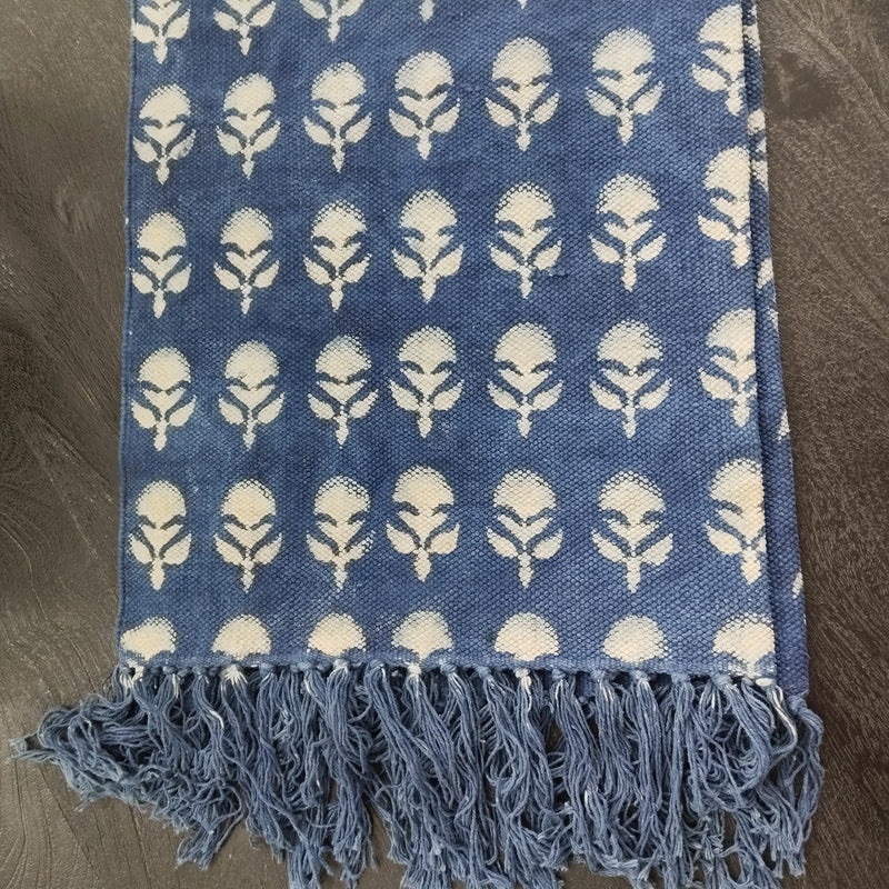 Indigo Bloom Buti Rug – Handwoven Cotton Mat with Floral Motifs