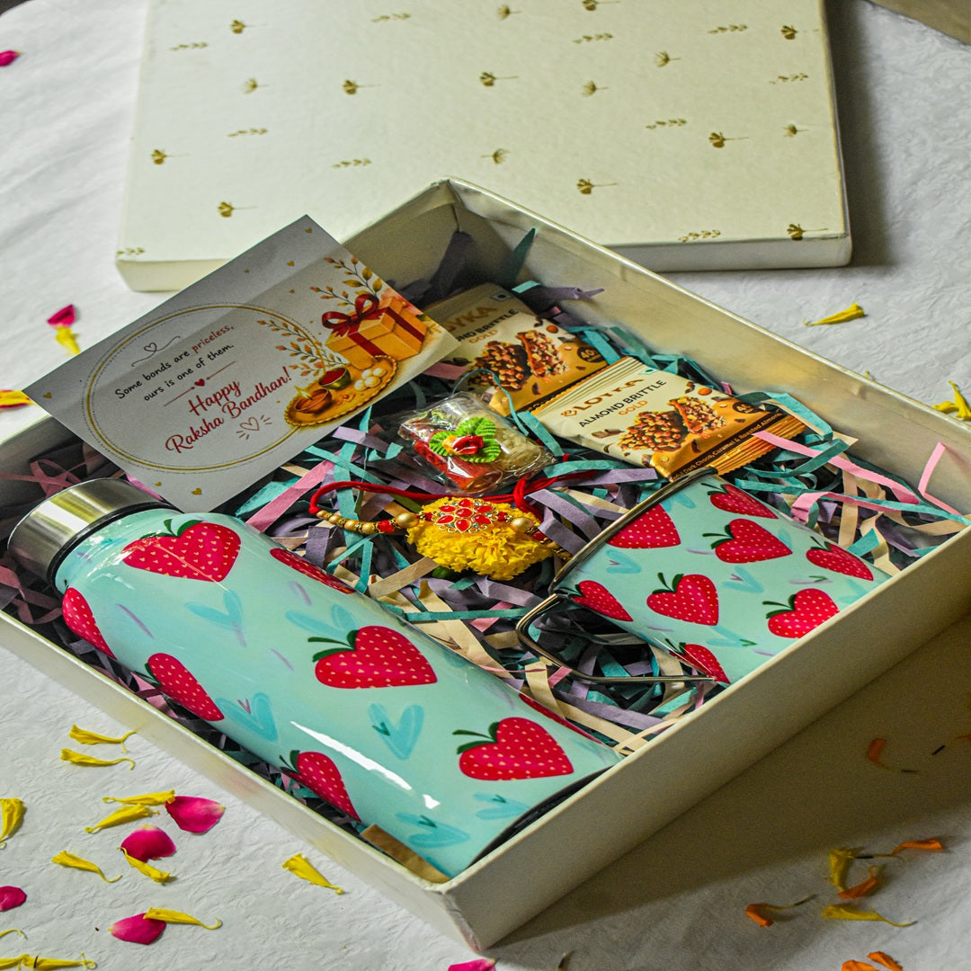 Premium Rakhi Gift Box- Strawberry Bottle+ Strawberry Mug